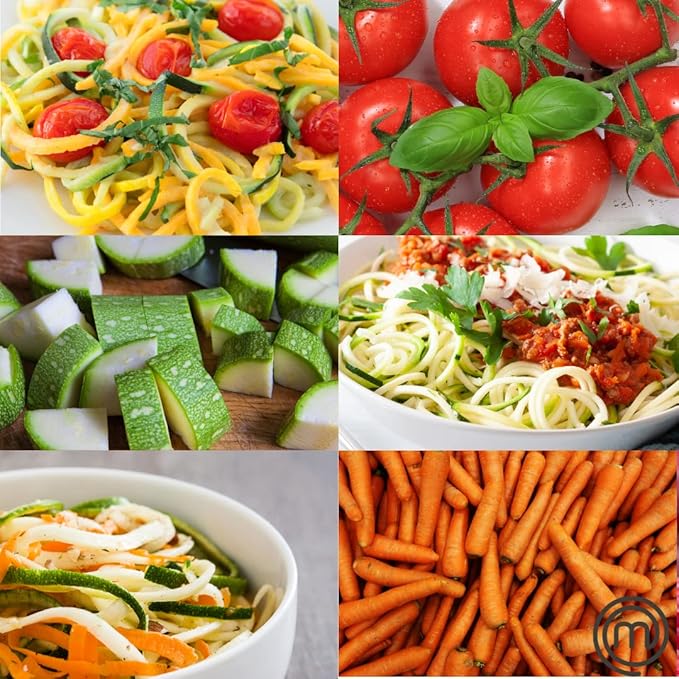 MasterChef Electric Spiralizer- 3-in-1 Vegetable Noodle Pasta Maker- Homemade Low Carb, Keto, Vegan, Gluten Free- Zoodle Zucchini Veggie Slicer & XL Hopper, FREE Recipes- Quick Healthy Meal Prep Gift