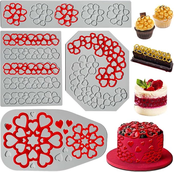 4PCS Heart Silicone Mold,Acxydm Heart Chocolate Molds Hearts Tuile Molds,Fondant Chocolate Molds Set with Love,3D Love Silicone Mold Candy Lace Silica Molds for Making Sugar Craft,Cupcakes