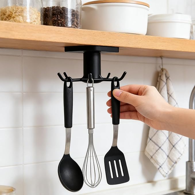 360° Rotating Kitchen Hooks, Adhesive Utensil Organizer Rack with 6 Hooks - No Drill Cabinet Mount for Spoons, Towels & Cups (1pcs)