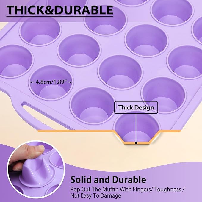 Mini Silicone Muffin Pan with Metal Frame, Non Stick Silicone Cupcake Pan with Handles 24 Cup, BPA Free Silicon Muffin Tin Tray Small for baking, egg bites, Cupcake Mold Purple