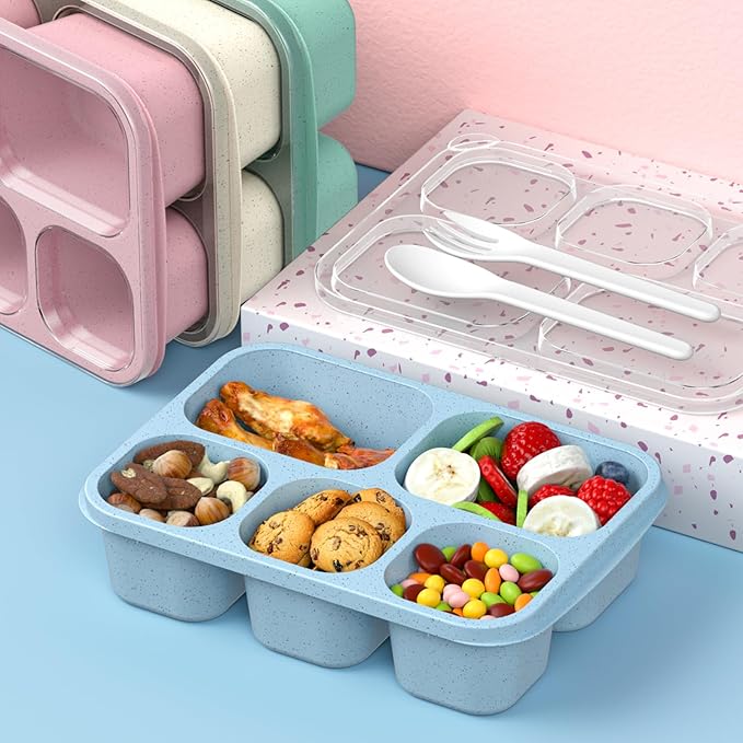 Bento Box Adult Lunch Box - 4 Pack, 5 - Compartment Meal Prep Container for Kids, Reusable Food Storage Snack Containers - Stackable for School, Work, and Travel (Wheat(Green/Blue/Pink/Beige))