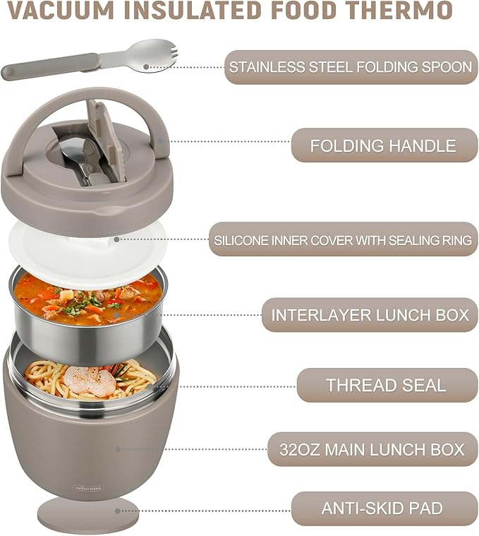 wiwens Thermo Food Jar for Hot Food Adults 32OZ Soup Thermo Lunch Containers Wide Mouth Vacuum Insulated Stainless Steel Leakproof Bento Box with Spoon (Khaki)