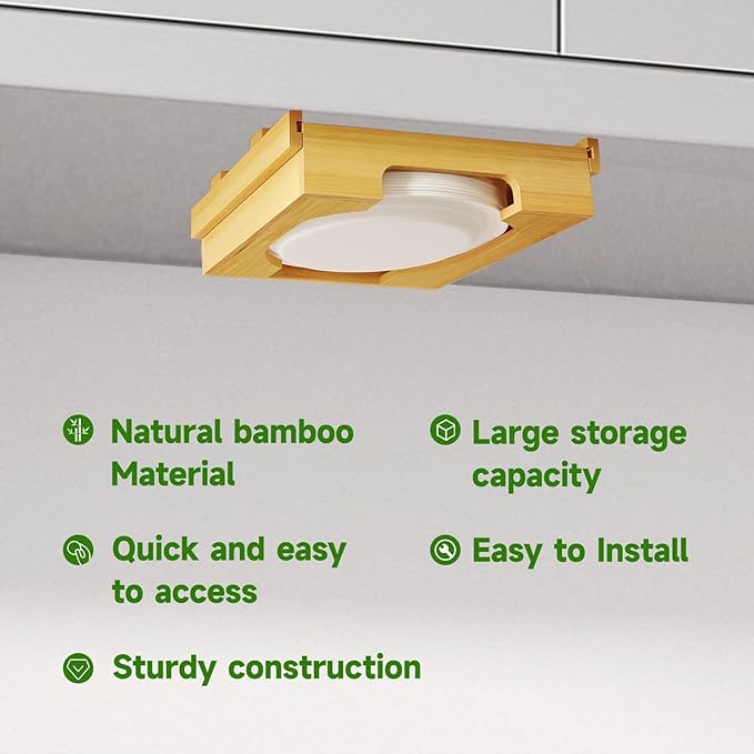 Paper Plate Dispenser Under Cabinet 9 inch Bamboo Paper Plate Dispenser, Kitchen Counter Vertical Holder Organizer Countertop Caddy (9 Inch Natural)