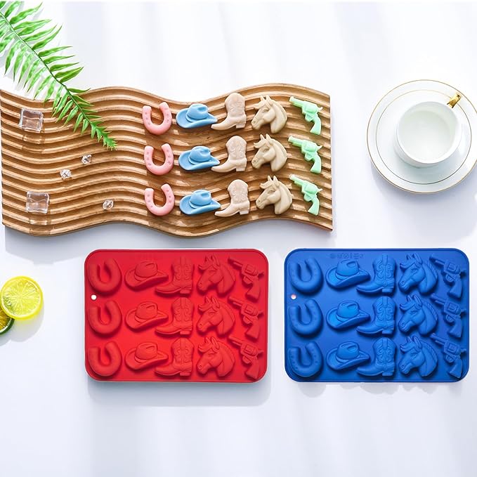 2Pcs Cowboy Chocolate Candy Molds - Cowboy Hat Boot, Horse Saddle Shape Silicone Candy Molds Western Themed Party Baking Mold Jello Ice Cube Candle Mold for Cupcake Cakesicle Decorations