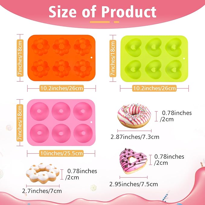 3 Pack Silicone Donut Pan, Non-stick Doughnut Molds for Baking, 6 Cavity Donut Maker Muffin Cupcake Bagel Making Tray (Pink, Orange, Green)