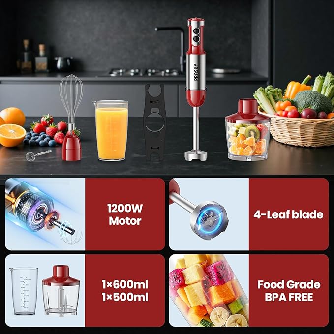 Immersion Blender Handheld 1200W, 20-speeds Immersion Hand Blenders, Hand Mixer with Mining Beaker,Chopper,Whisk, Frother, Stand and Stick Blender Suitable for Kitchen, Protein Shakes and Baby Food
