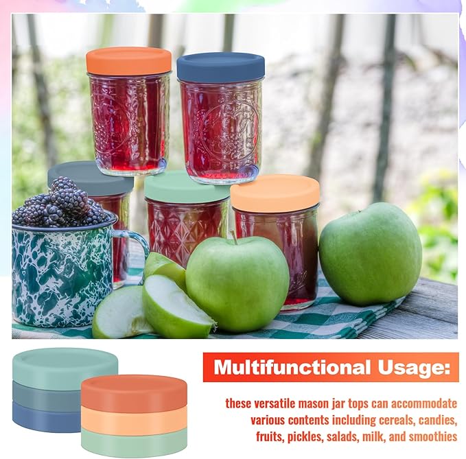 Teenyyou 6 Pcs Silicone Wide Mouth Lids Mason Jar Lids Thickened Leak Proof Lid for 86 mm All Wide Mouth Mason Jars, Reusable Large Canning Jar Caps(Vintage Color)