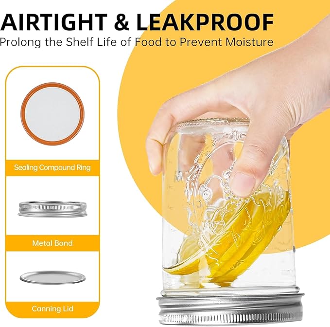 Miuyhji Mason Jars 16 oz with Lids, 12Pcs Wide Mouth Glass Canning Jars with Airtight Lids and Bands, Overnight Oats Containers for Pickling, Freezing, Preserving, Meal Prep, Jar Décor