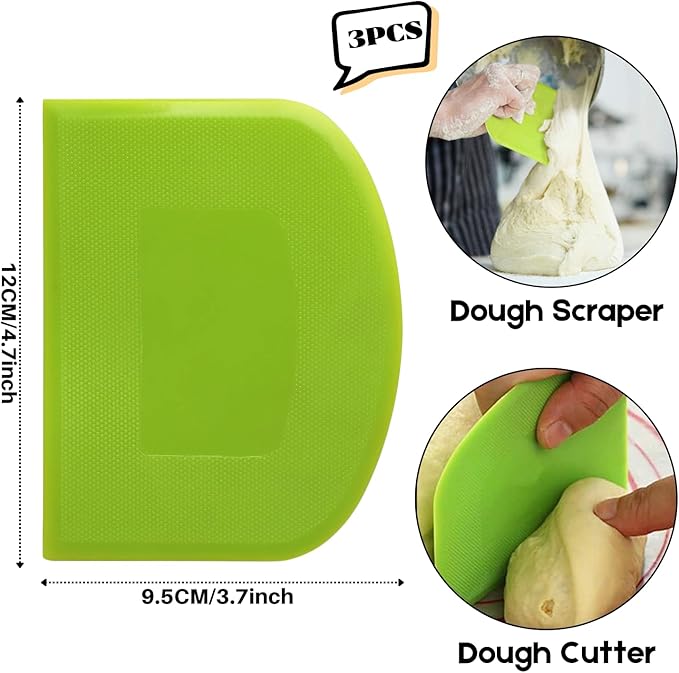 SURDOCA Dough Scraper Bench Scraper - 3P 4.7x3.7" Plastic Flexible Bowl Scraper, Sharp Edge & Angles Cake Scraper. Non-Slip Bakeware Decorating Tools Sculpting & Modeling Tools - Green+Pink+Green