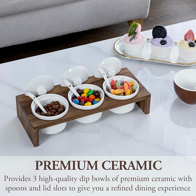 MyGift 10 Pcs Condiment Pot Serving Dish Set, Hosting Essentials, Premium Acacia Solid Wood Raised Display Server Tray and 3 Ceramic Ramekin Dip Bowls with Lids and Spoons