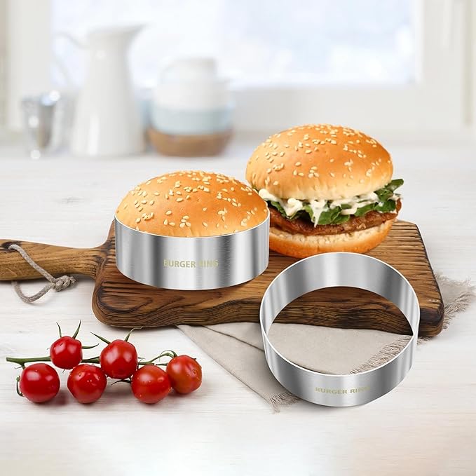 9 Pack Hamburger Bun Rings, Burger Mold, 4.2 inch Large Ring Molds for Cooking, Nonstick, Made of Food Grade 304 Stainless Steel, Cooking Rings for Fried Eggs, Crumpets, Pancakes, Muffins and More