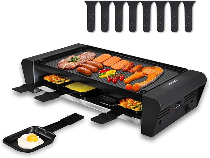 TAMARIT Raclette Table Grill for 8, 2 in 1 Small Swiss Style PFAS-No Nonstick Reversible Grill/Griddle Plate Adjustable Temperature Control 1300 W, 8 Raclette Cheese Pans Black