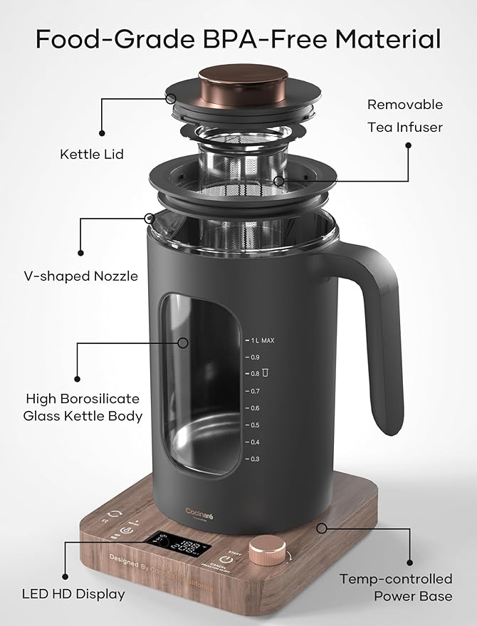 INTASTING Electric Tea Kettle, Electric Kettle with Tea Infuser, ±1℉ Knob Temperature Control, BPA-Free Glass, 1200W Fast Heating, Easy to Clean, 1 Liter (Wood)