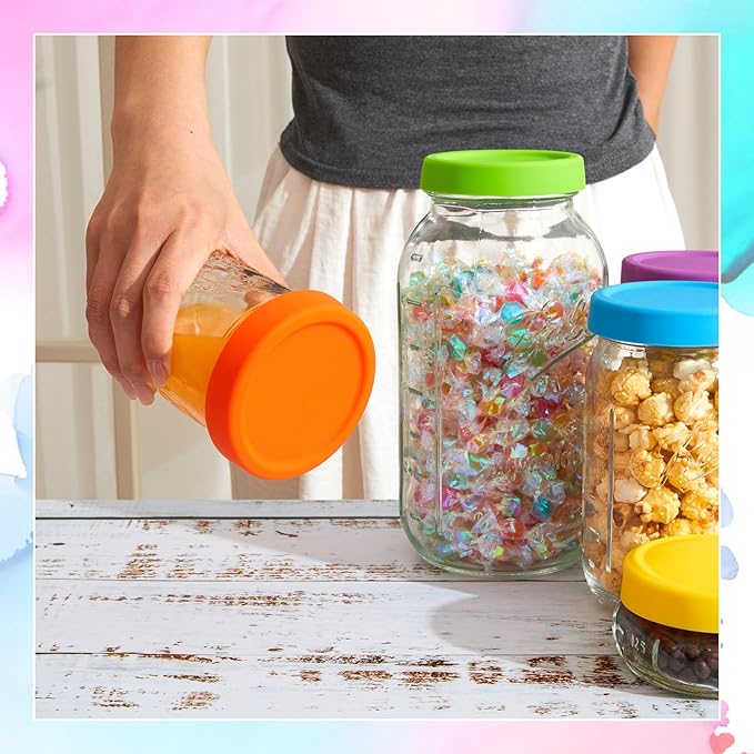 6 Pcs Silicone Regular Mouth Lids Mason Jar Lids Thickened Leak Proof Lid for 70 mm All Regular Mouth Mason Jars, Reusable Large Canning Jar Caps(Red, Orange, Yellow, Green, Blue, Purple)