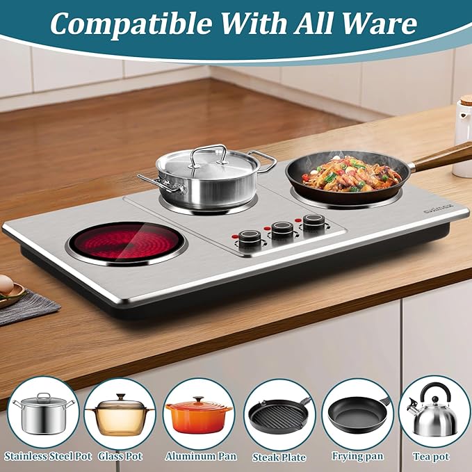 Cusimax Hot Plate Electric,Countertop Infrared Triple Burner with 7″ Ceramic Glass Cooktop,Electric Hot Plate for Cooking,11 Level Temperature Setting
