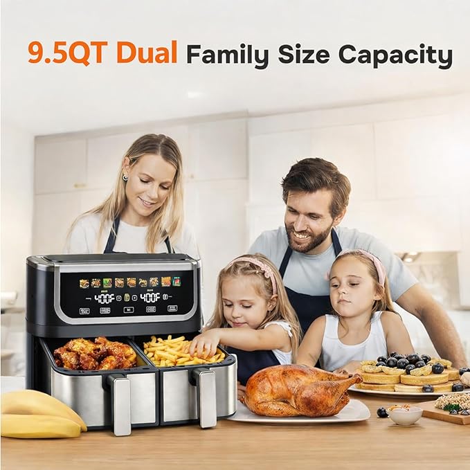Simple Deluxe 9.5-Qt Dual Basket Air Fryer, 10-in-1 Digital Preset 1700W Airfryer, Sync Cook, Independent Temp Control, Shake Reminder, Nonstick Basket, Black