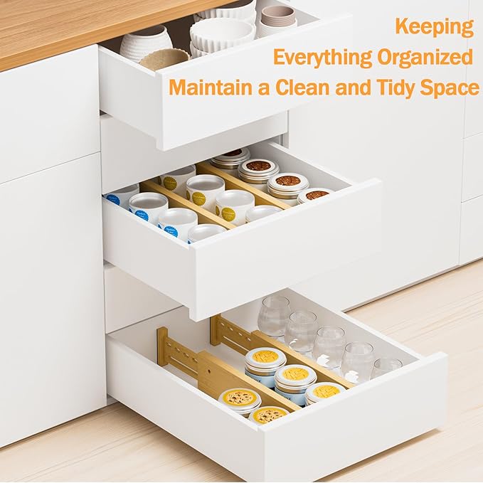 Bamboo Drawer Dividers 4" High, 16.5-22" Adjustable Drawer Organizers for Clothes,Expandable Dresser Separators in Bedroom/Kitchen/Bathroom/Office Organization and Storage,4 Pack