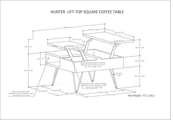 SIMPLIHOME Hunter Lift Top Coffee Table - 32 inch Wide Solid Mango Wood Industrial Square Cocktail Table in Umber Brown, Living Room Table with Dual Lift Tops, Hidden Storage and Gold Hairpin Legs
