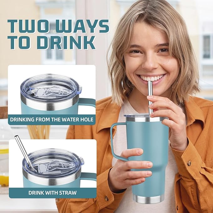 20 oz Tumbler with Handle Stainless Steel Insulated Coffee Mug Tumbler with Lid and Straw Double Wall Vacuum Insulated Coffee Mug Leak Proof Travel Tumbler for Hot and Cold Drink (Azure Blue,1pack)