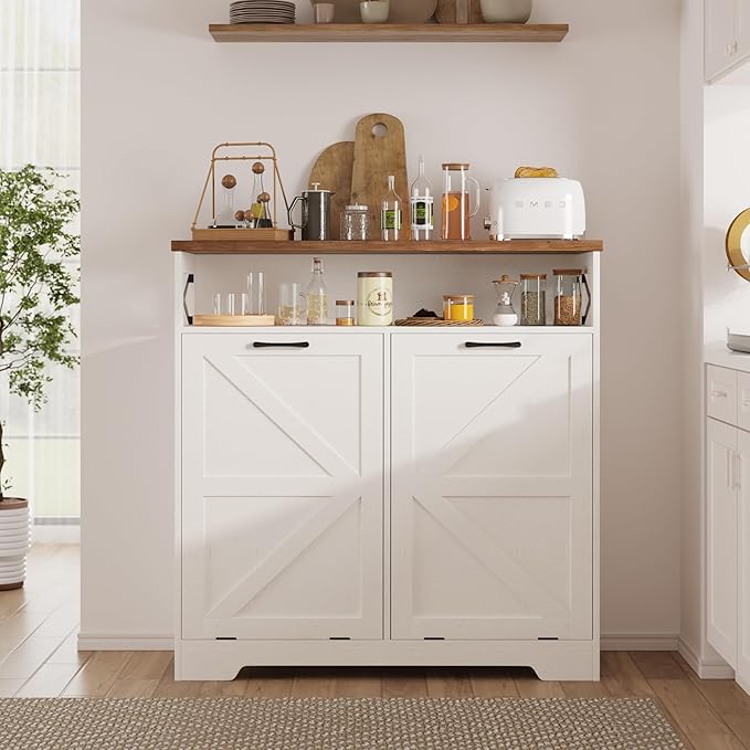 Double Tilt Out Trash Can Cabinet for 13*2 Gallon Garbage Can, Farmhouse Kitchen Garbage Trash Bin for Hidden Laundry Basket, Dual Dog Proof Recycling Cabinet for Bathroom, Living Room, White