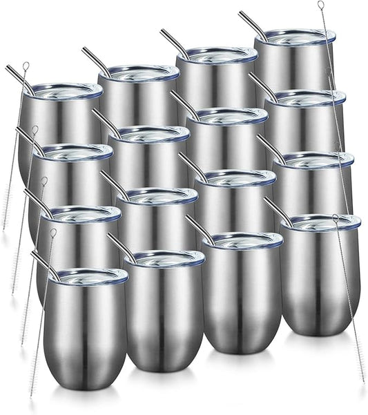 COMOOO 16 Pack 12oz Insulated Wine tumbler with Lid, Stainless Steel Stemless Wine Tumbler,Double Wall Vacuum Wine Tumbler Cups with Straw for Coffee, Cocktails,Beer,Champaign, Silver
