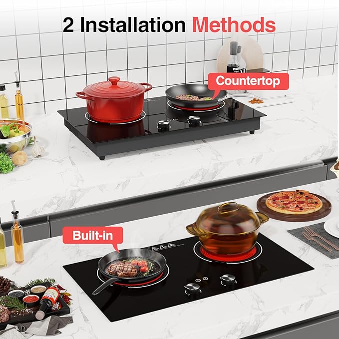 4000W Electric Cooktop: 24" Electric Stove 2 Burner Hot Plate Double Burner, Knob Control Countertop & Built-in, 9 Power Levels, Child Lock, Timer, Suitable for All Pans