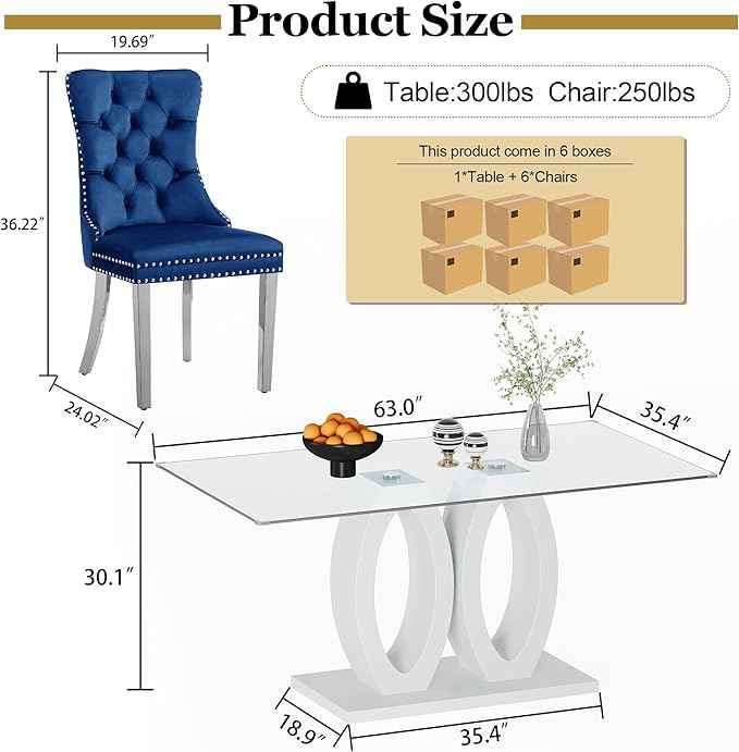 63" Glass Dining Table Set for 6, 7-Piece Rectangular Kitchen Table with Tempered Glass Top, White Double O-Shaped MDF Base, and 6 Blue Velvet Upholstered Chairs for Dining Room, Living Room, Office