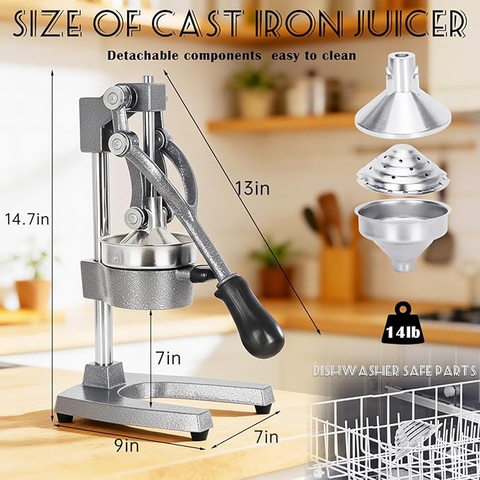 Cast Iron Juicer, Cast Iron Juicer Hand Press Heavy Duty, Peel-Free Juicing, Professional Lemon Orange Pomegranate Squeezer, Effortless, Stable, Easy Clean for Home, Bar, Commercial Use