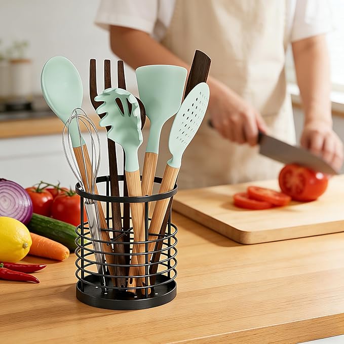 Utensil holder for Kitchen Counter - 5.2" x 5.2" x 6" Large Round Utensils Holder with Wooden Base Matte Black Cooking Utensil Holder，Kitchen countertop Utensil Organizer (Metal-1)