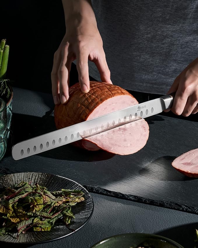 KYOKU 12" Slicing Knife, Daimyo Series Brisket Knife for Meat Cutting with Rosewood Handle, Japanese Style 440C Stainless Steel Meat Carving Knife for BBQ Turkey Ham Rib Roast with Sheath and Case