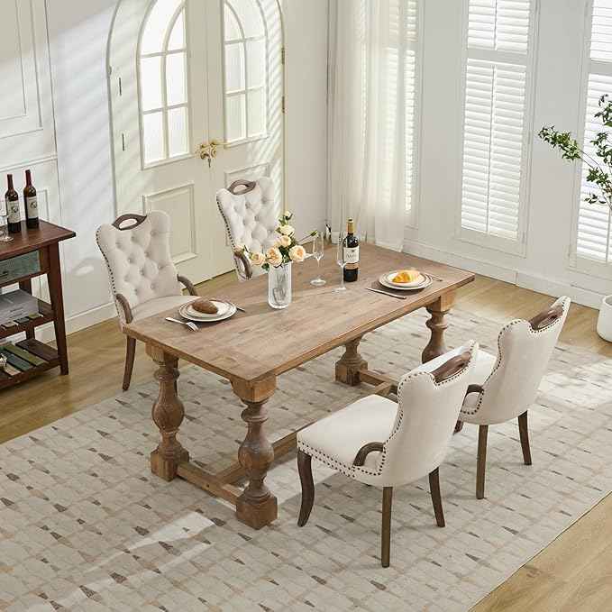 Beige Velvet Dining Chairs Set of 6，Modern Upholstered Dining Room Chairs with Tufted Back and Wood Accents, Curved Solid Wood Legs & Nailhead Trim, Sillas De Comedor Modernas 6