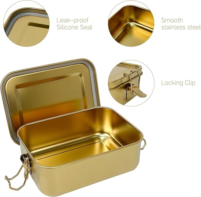 3-Pack 850ml (28.7 oz) Stainless Steel Gold Color Bento Lunch Box Containers with Lids - Waterproof Metal Food Storage - Snack Prep Trays and Tiffin Carriers