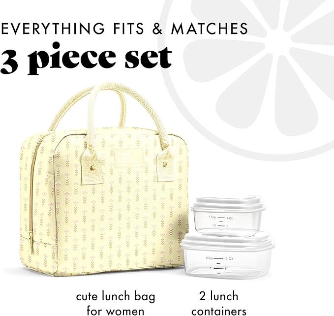Fit & Fresh Bloomington Lunch Bag for Women - Insulated Large Lunch Box for Work with Containers, Leak-Resistant, Stain-Resistant, Zipper Closure, Butter Yellow Tiny Flowers