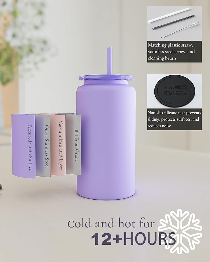 16oz Glass Cups With Lids and Straws, Stainless Steel Beer and Iced Coffee Cup, Smoothie Drinking Cup, Dark Blue (Textured Matte Finish, Not Sublimatable)