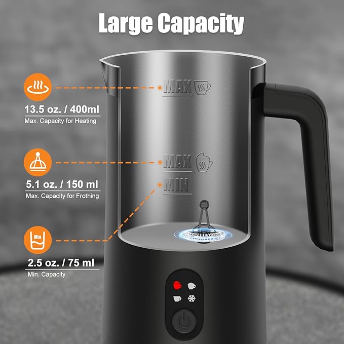 Milk Frother, 4-in-1 Electric Milk Steamer and Frother, 13.5oz/400ml Automatic Large Capacity Warm and Cold Foam Maker, Milk Warmer and Coffee Frother for Latte, Cappuccino, Macchiato(Black)