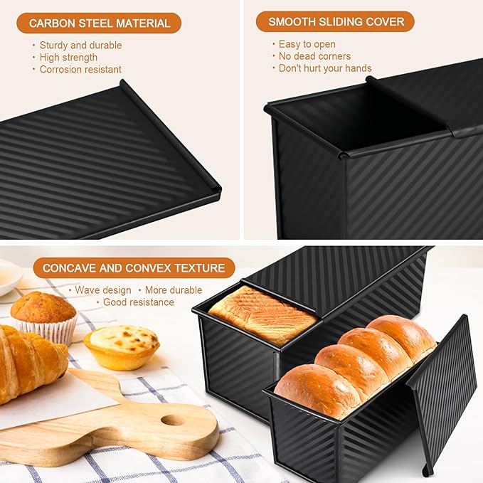 2.2lb Pullman Loaf Pan with Lid, Nonstick Carbon Steel Square Bread Pan for Baking Shokupan, Sandwich, Pain de Mie & Sourdough – Includes 6 Bonus Tools