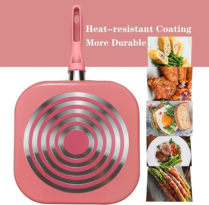 Square Griddle Pan for Stove Top Nonstick, Flat Pan with Spatula & Brush, 11"X 11" Pink