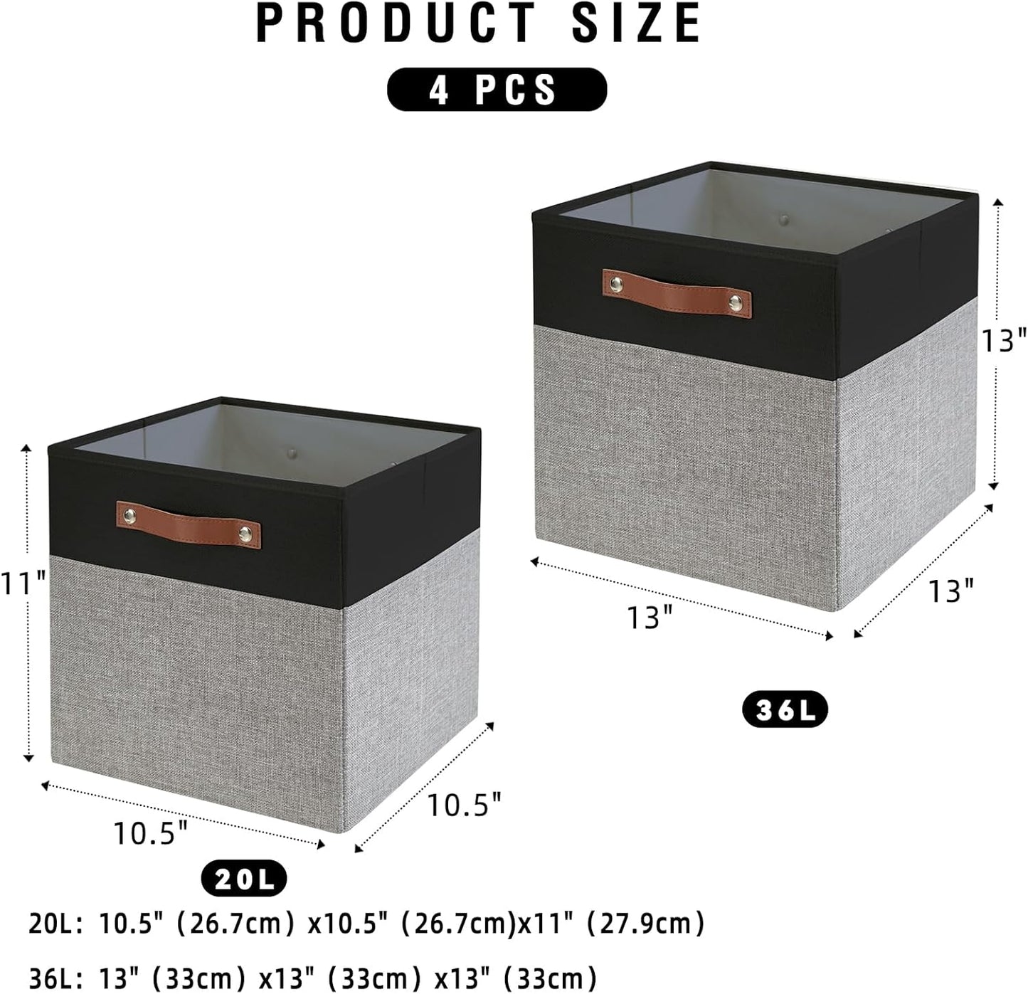 Collapsible Fabric Storage Cube Bins with 2 Reinforced PU Handles, Foldable Storage Organizer Baskets for Closet, Shelves, Living Room | 13"x13"x13", 4 Pack, Black & Gray
