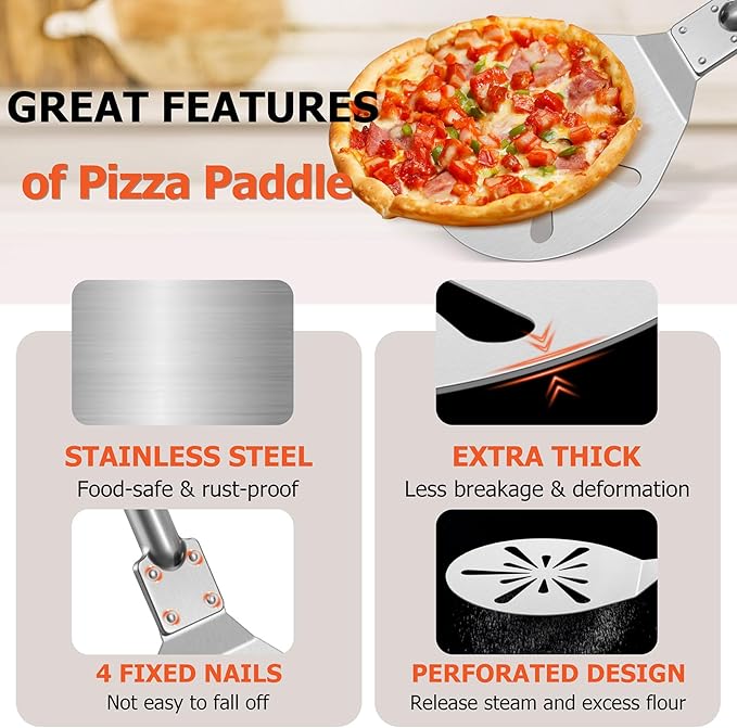 7 Inch Pizza Peel Turning, Joyfair Perforated Pizza Turner with Long Detachable Handle, Stainless Steel Spatula Paddle for Rotating Sliding, Metal Tools Oven Accessories, Easy Cleanup (Painted Handle)