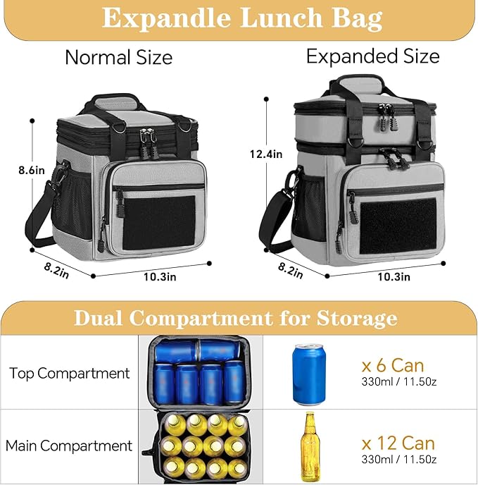 GLENKEY Tactical Lunch Box Cooler Bag - Expandable Insulated Lunch Bag for Men Women - Large Lunchbox for Adults Work Shifts Outdoor Trips Grey 16L