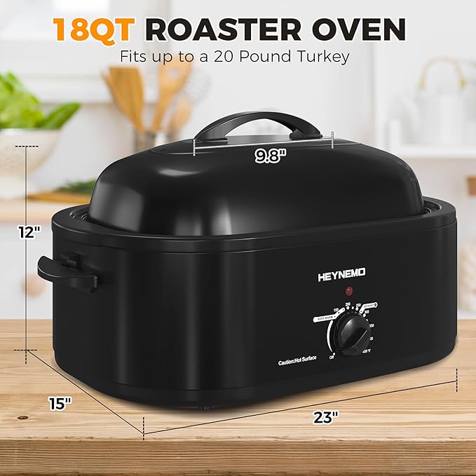 18 Quart Roaster Oven with Self-Basting Lid, Large Electric Turkey Roaster Oven with Defrost & Warm Function, Adjustable Temperature, Removable Pan & Rack, Stainless Steel, Black
