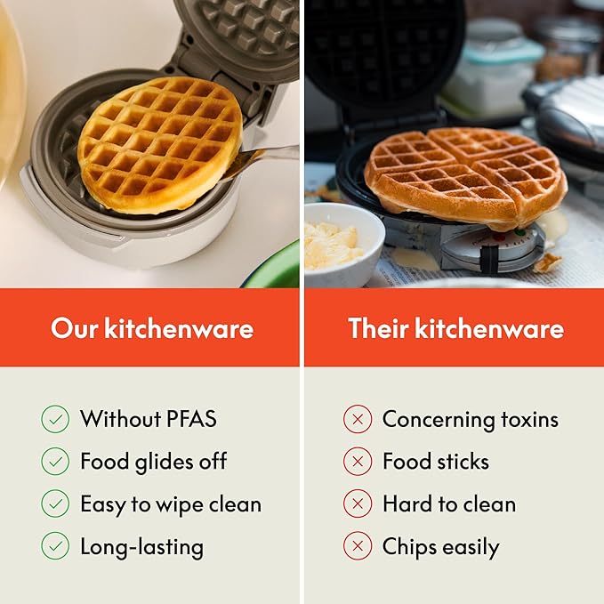 bella Snack-n-Store Mini Waffle Maker, EverGood™ Ceramic Nonstick Coating, Cord Wrap, Ready Indicator Light & Cool Touch Handles, Stackable Design & Customizable Plates, 350 Watt, Oatmilk