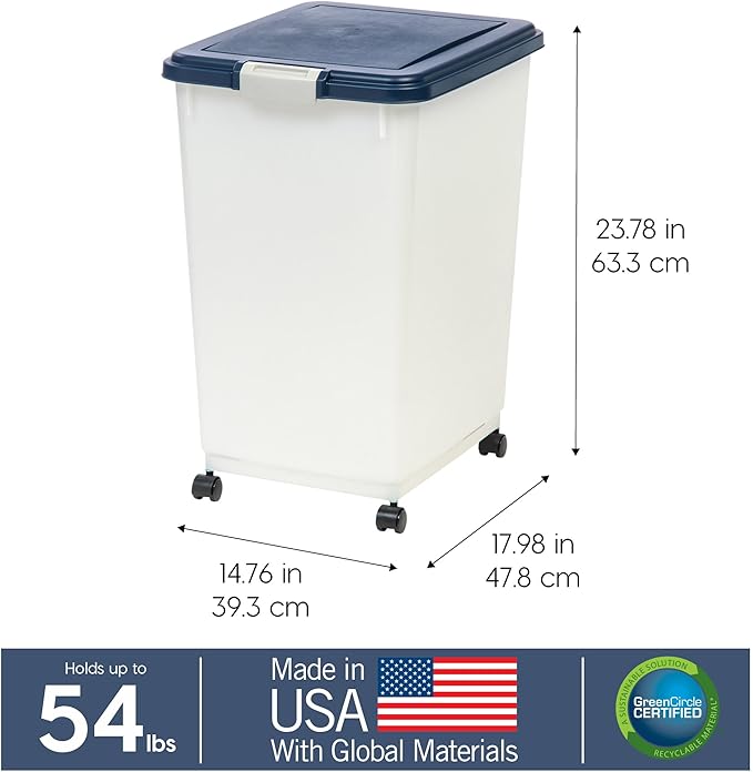 IRIS USA 54 Lbs / 69 Qt WeatherPro Airtight Pet Food Storage Container with Attachable Casters, For Dog Cat Bird and Other Pet Food Storage Bin, Keep Fresh, Easy Mobility, BPA Free, Navy/Pearl