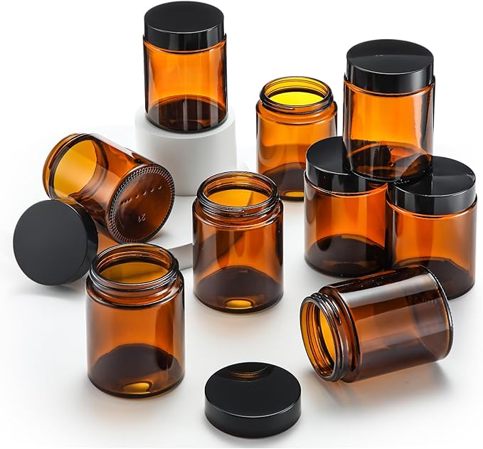 Domensi 48 Pcs Bulk 6oz Glass Jars with Lids Leakproof Round Airtight Empty Cosmetic Jars with Inner Liners Lid for Storing Lotions Spices Ointments Food Storage (Amber)