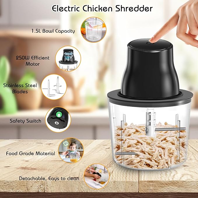 Panamalar Electric Chicken Shredder, 2 in 1 Food Processor for Meat Grinder/Chicken Breast Shredder with 2 Types Blades, 250W Automatic Food Meat Chopper with 1.5L Bowl for Meat Vegetable Fruits