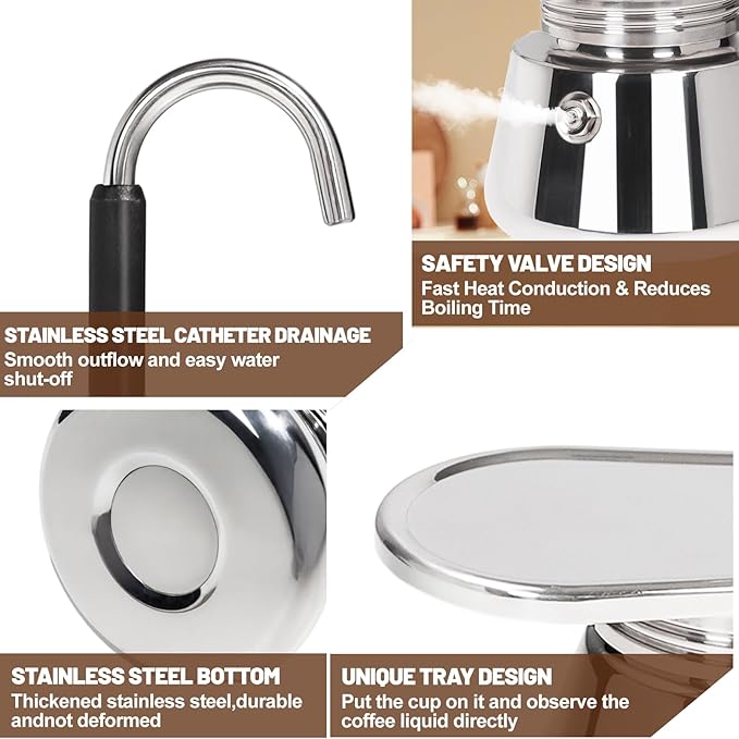 1 Cup Single Tube Moka Pot Stainless Steel Stovetop Espresso Maker Cafeteras Italian Percolator Espress Makers Capable Greca Mocha Coffee Machine for Induction Home 90ml 3oz