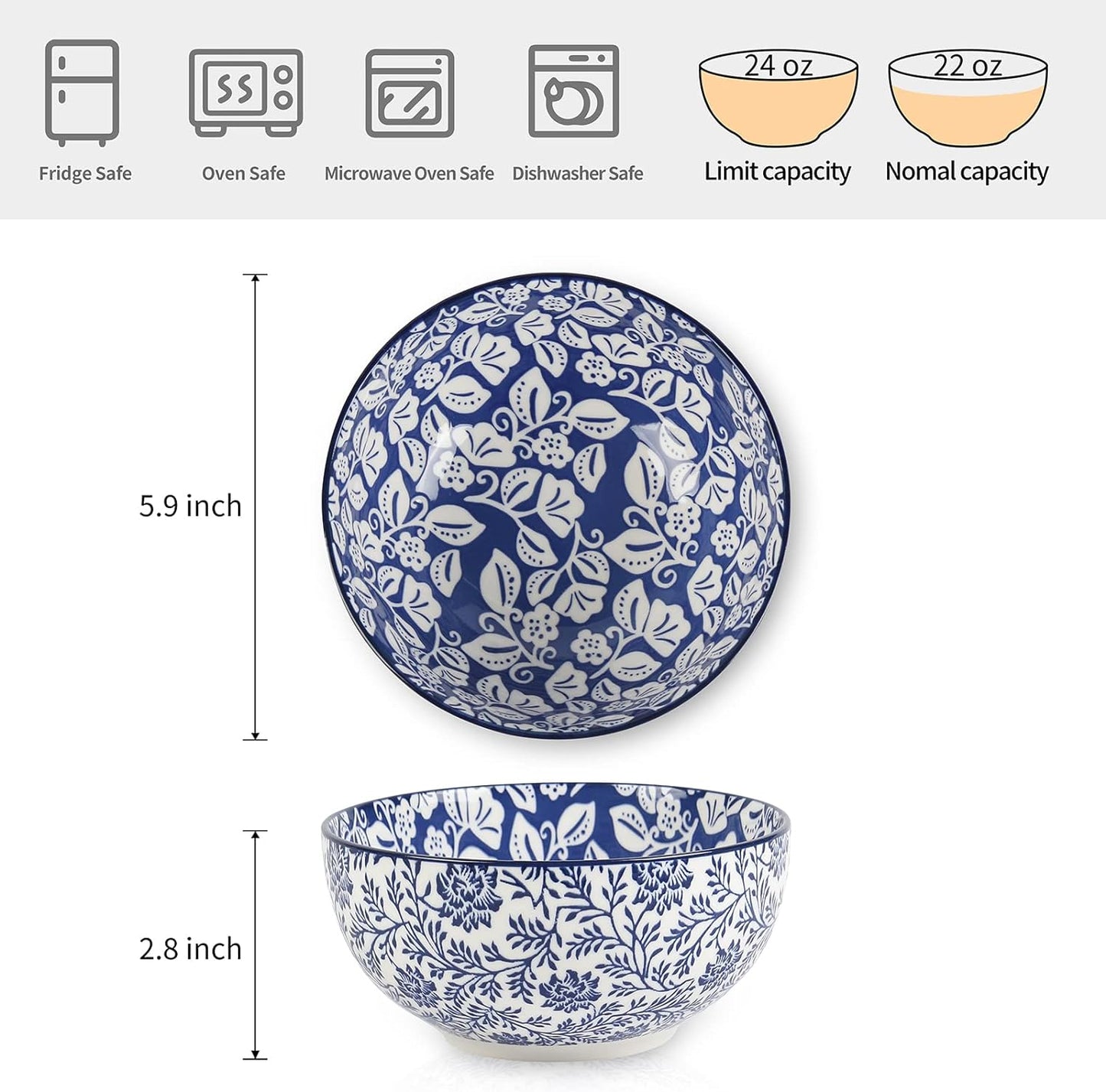 Selamica Ceramic Cereal Bowls Set of 6, 24 Oz Deep Soup Bowls for Kitchen, 5.9 Inch Porcelain Dessert Bowls for Salad, Pasta, Oatmeal, Ramen, Microwave Dishwasher Safe, Set of 6, Vintage Blue