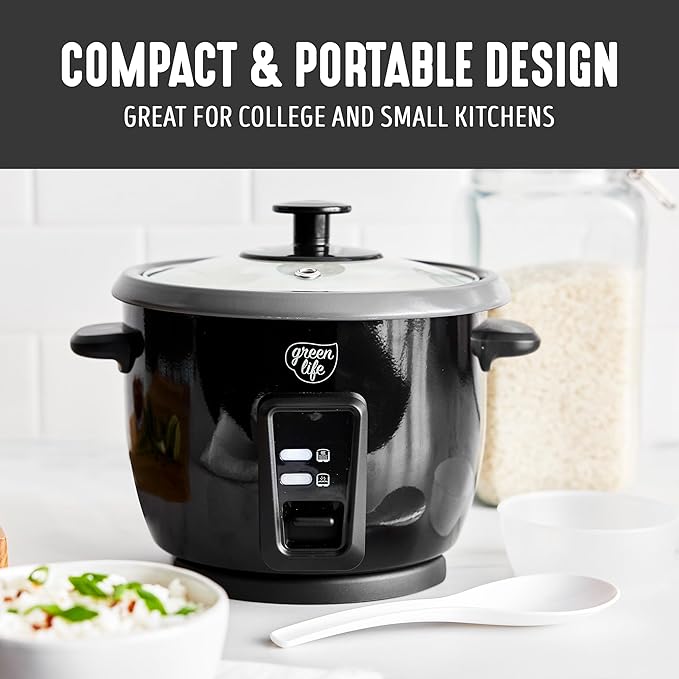 GreenLife Rice Cooker with Removable PFAS-Free Ceramic Nonstick Pot, 3-Cups Uncooked/6-Cups Cooked, Grains & Oatmeal Multicooker, Compact One-Switch Design, Auto Keep Warm, Easy Clean, Black