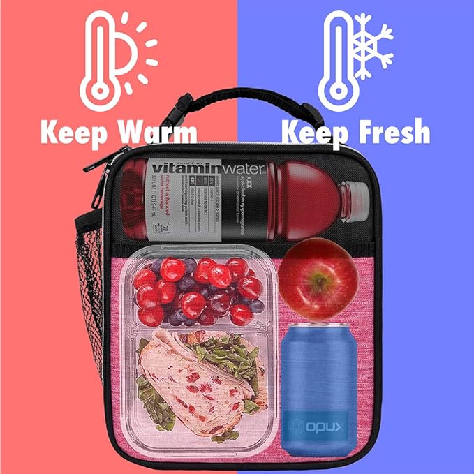 opux Premium Insulated Lunch Box, Soft School Lunch Bag for Girls Kids, Leakproof Small Lunch Pail Women Work, Reusable Compact Cooler Tote Lunchbox for Office Adult, Heather Pink