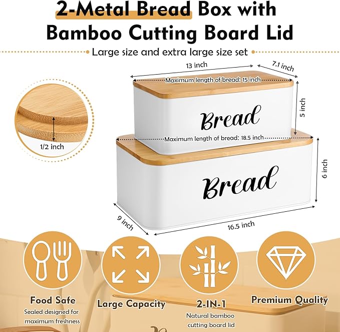 Teenyyou 2 Pcs Extra Large Bread Box with Slicer, Metal Farmhouse Bread Storage Container with Bamboo Cutting Board Lids Multi-size Breadbox Set for Kitchen Countertop (White)